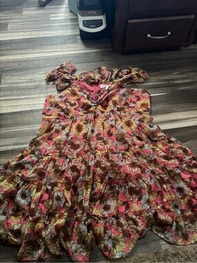 Floral Tiered Midi Dress in Pink and Gold